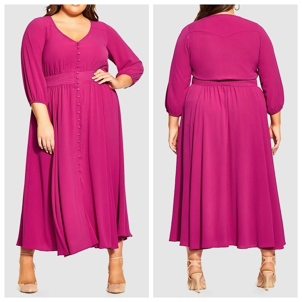 City Chic Zadie Shirred Waist Button Front Maxi Dress Sz XS/14 Pink 3/4 Sleeve - Picture 1 of 15